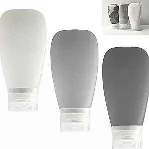 Travel Bottles for Toiletries, TSA Approved 3oz Leak Proof Silicone Refillable Squeeze Travel Size Containers BPA Free for Cleansers, Lotions, Shampoo 3-pk (Black-Gray-White)